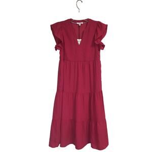 THML Magenta Flutter Sleeved Tiered Dress‎ Midi Size Small NWT